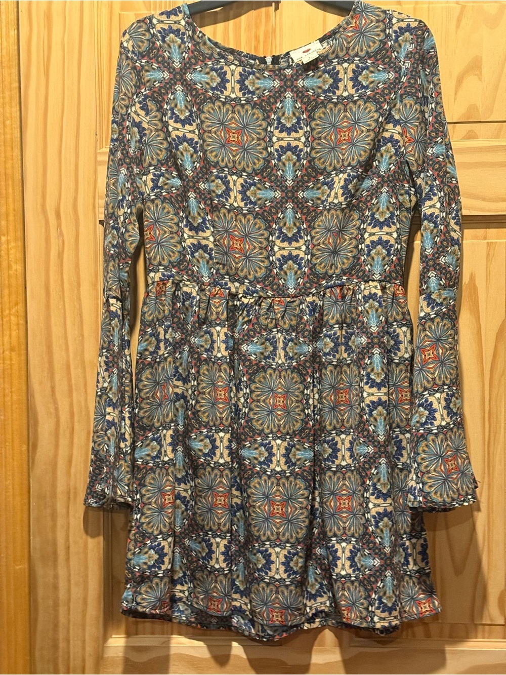 one clothing Blue Cream and Red Long Sleeve Tile-Print Dress